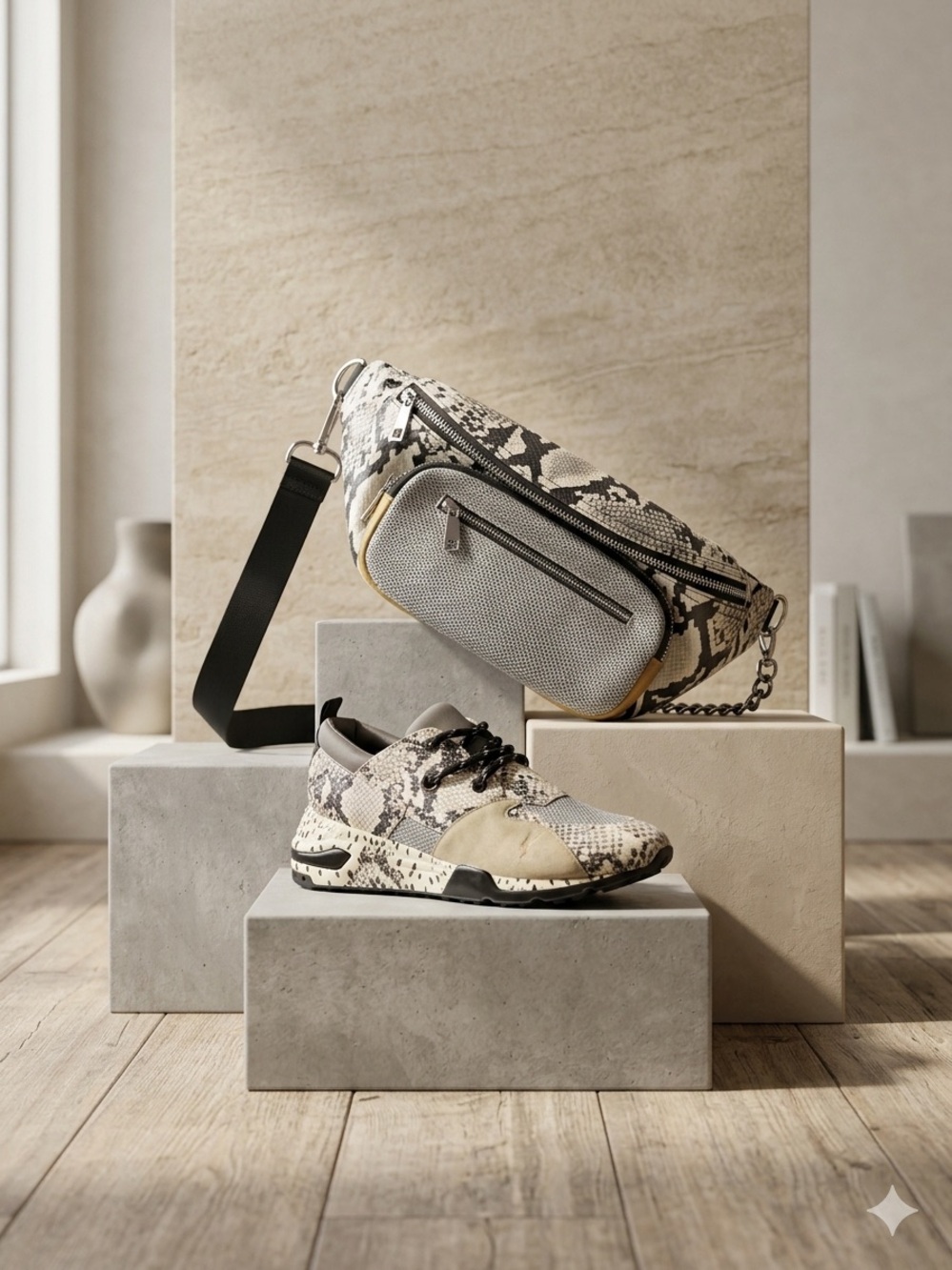 Steve Madden Snake-Print Chunky Sneakers in Black, White & Tan